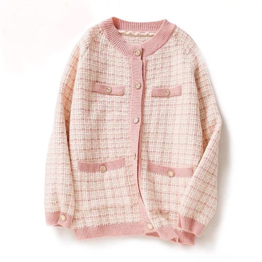Elegant Pink Tweed Cardigan Sweater